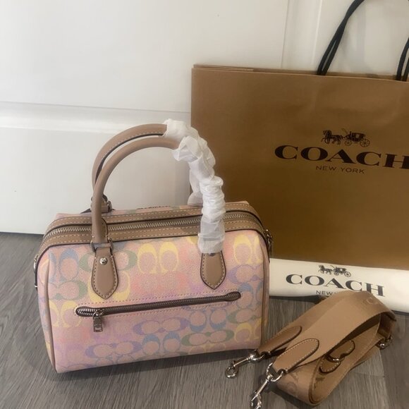 NWT Coach Rowan Satchel Bag In Rainbow Signature Canvas  Coach Rowan Satchel Bag Crossbody In Rainbow Sig Canvas/Sv/Sand Multi CDA90 NWT